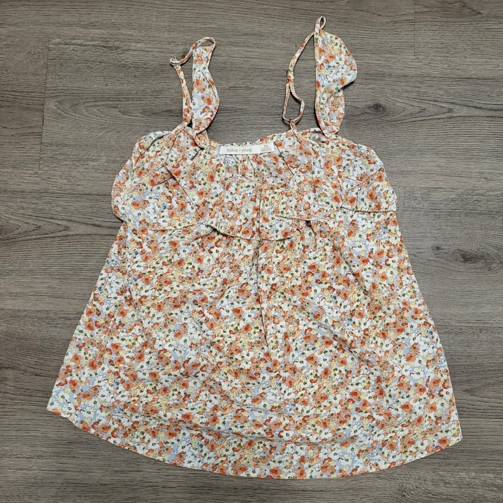 Bishop + Young Floral Ruffle Camisole Top Orange Yellow Blue XS Flowy Boho
